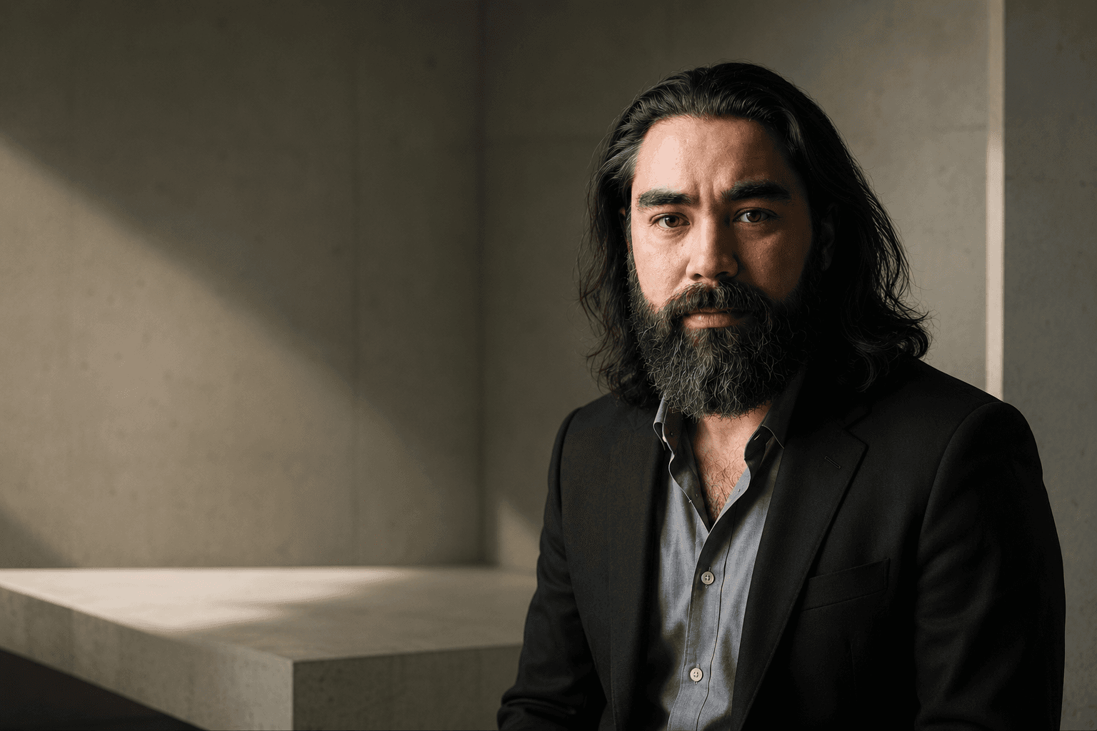 Daniel Severino in a black tailored suit, seated in a concrete interior lit by directional daylight